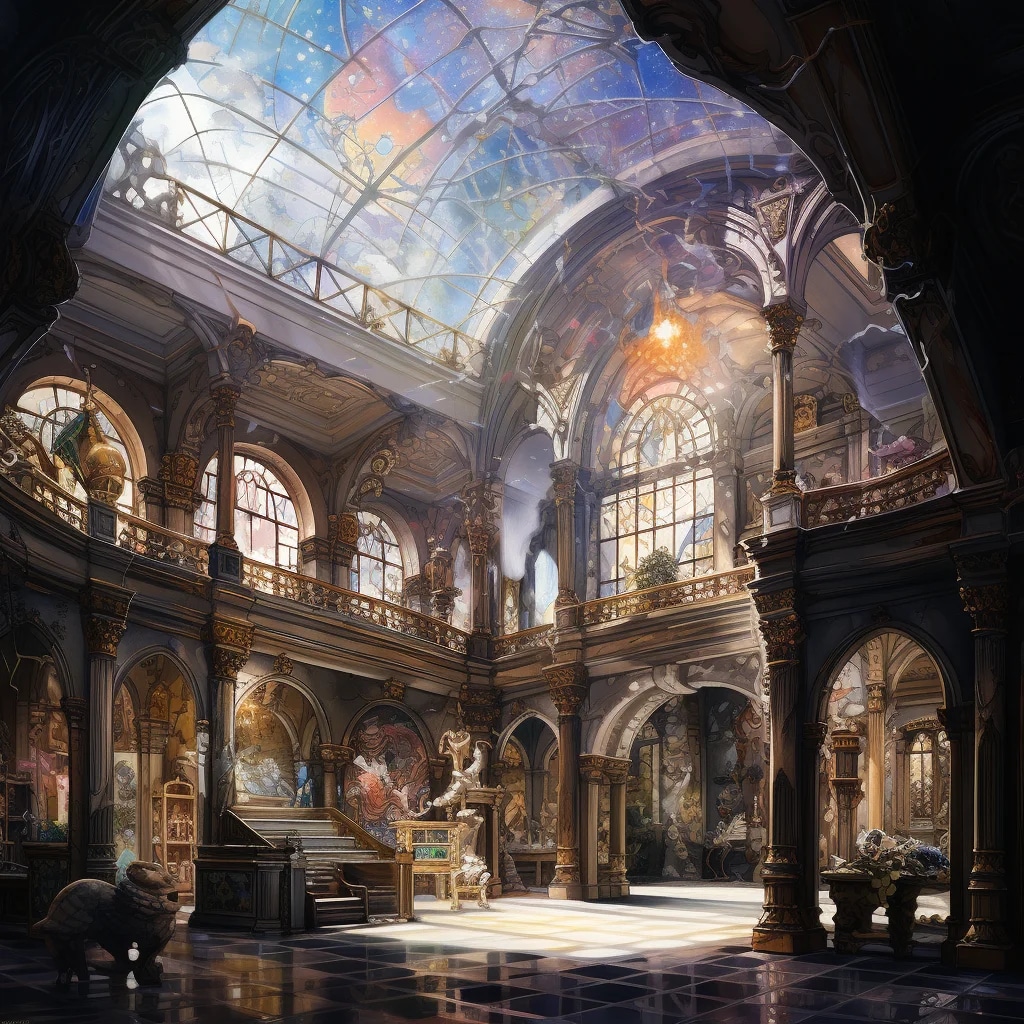 Art museum space style fantasy, Watercolor, trendi...