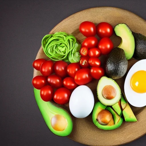 very healthy food plate with avocados, tomatoes, e...