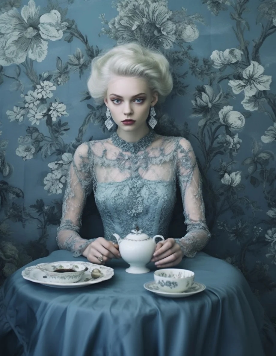 a woman sitting at a table , by Valerie Petts, tum...