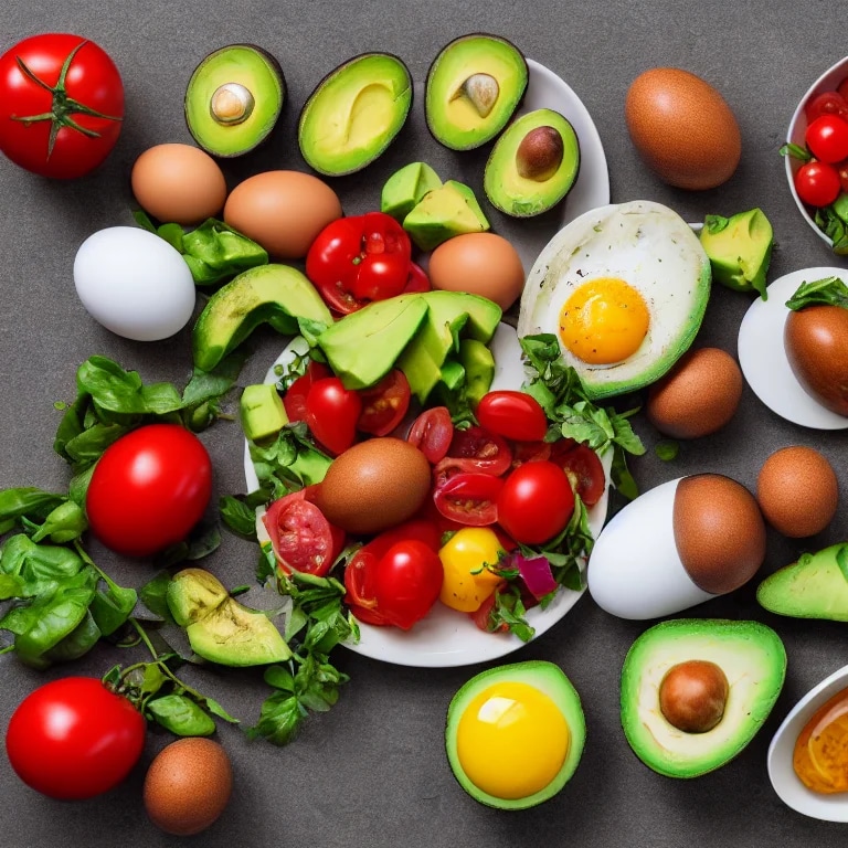 very healthy food plate with avocados, tomatoes, e...