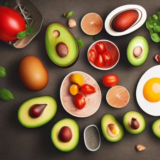 very healthy food plate with avocados, tomatoes, e...