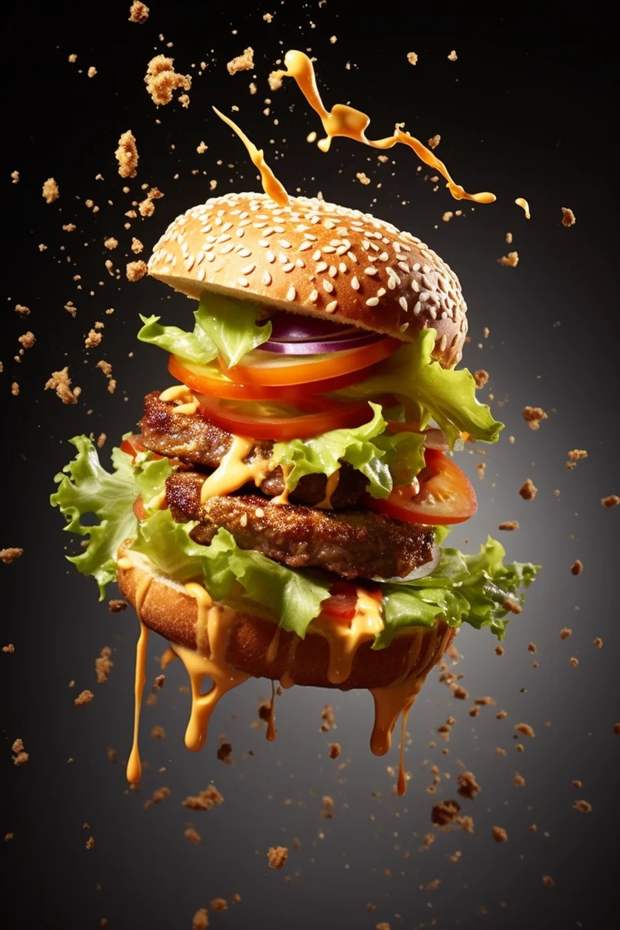 Flying food photography with [Two Burgers] as the ...