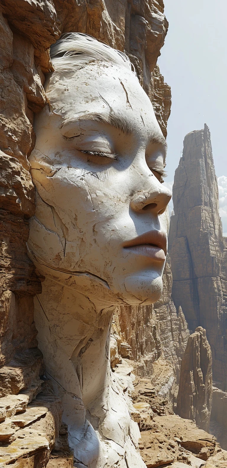 art statue in cliffs, in the style of realistic hy...