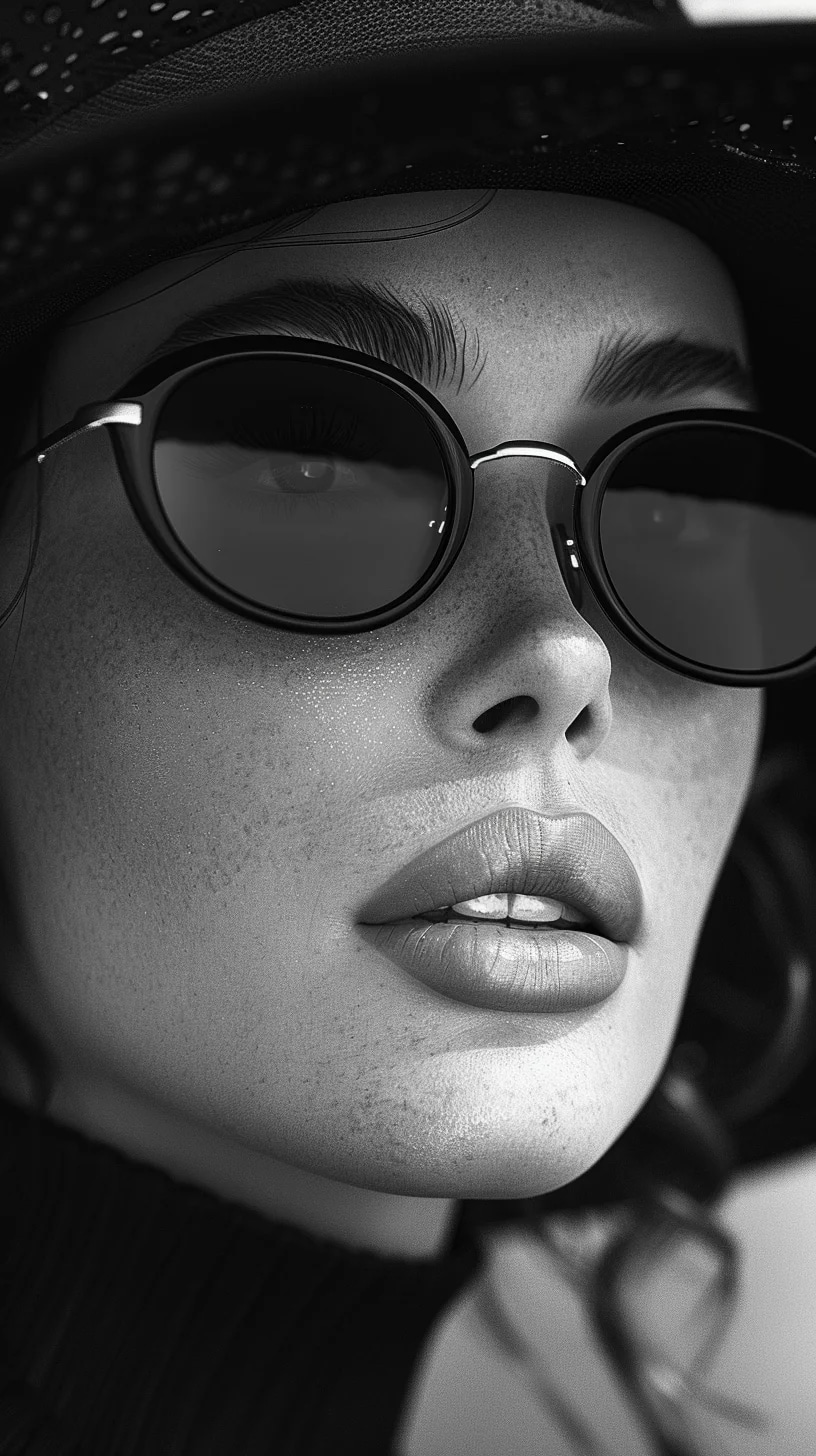 a woman wearing black sunglasses and a hat, in the...