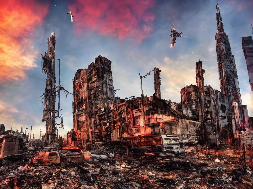 space ship in sky firing city street view with one...