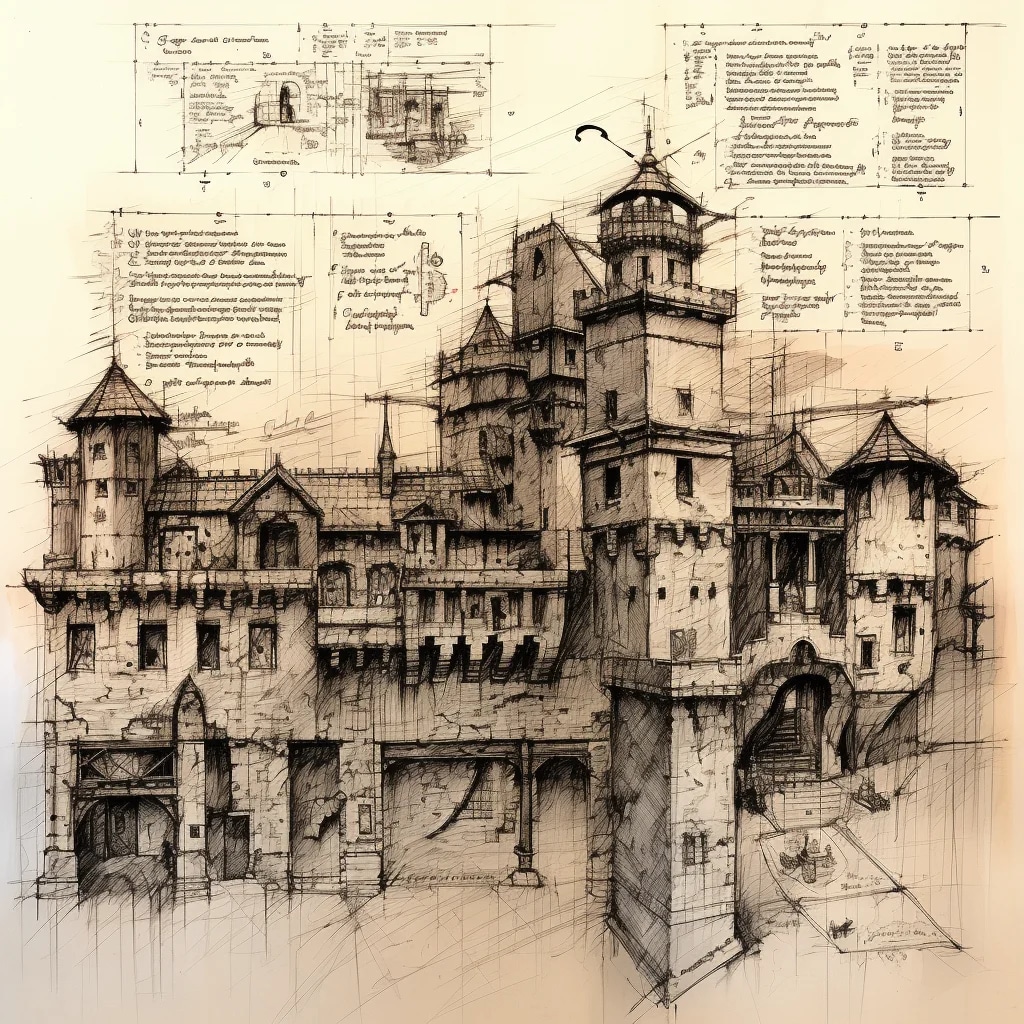 detailed with notes, ink sketch of medieval presch...