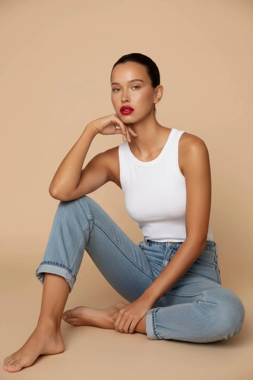 soft daylight portrait, minimal beige studio, natural pose, clean aest