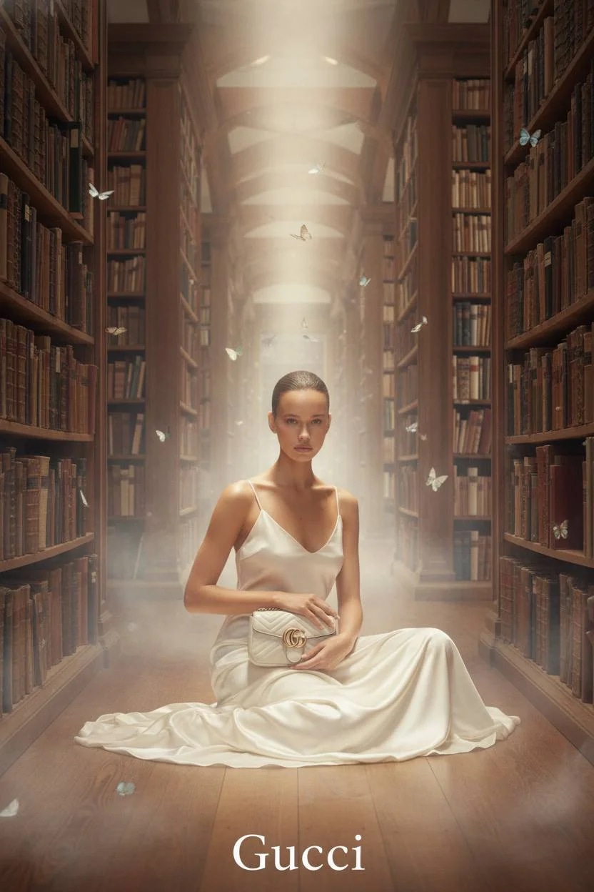 Gucci campaign style, cinematic lighting, fine art fashion, luxury atm