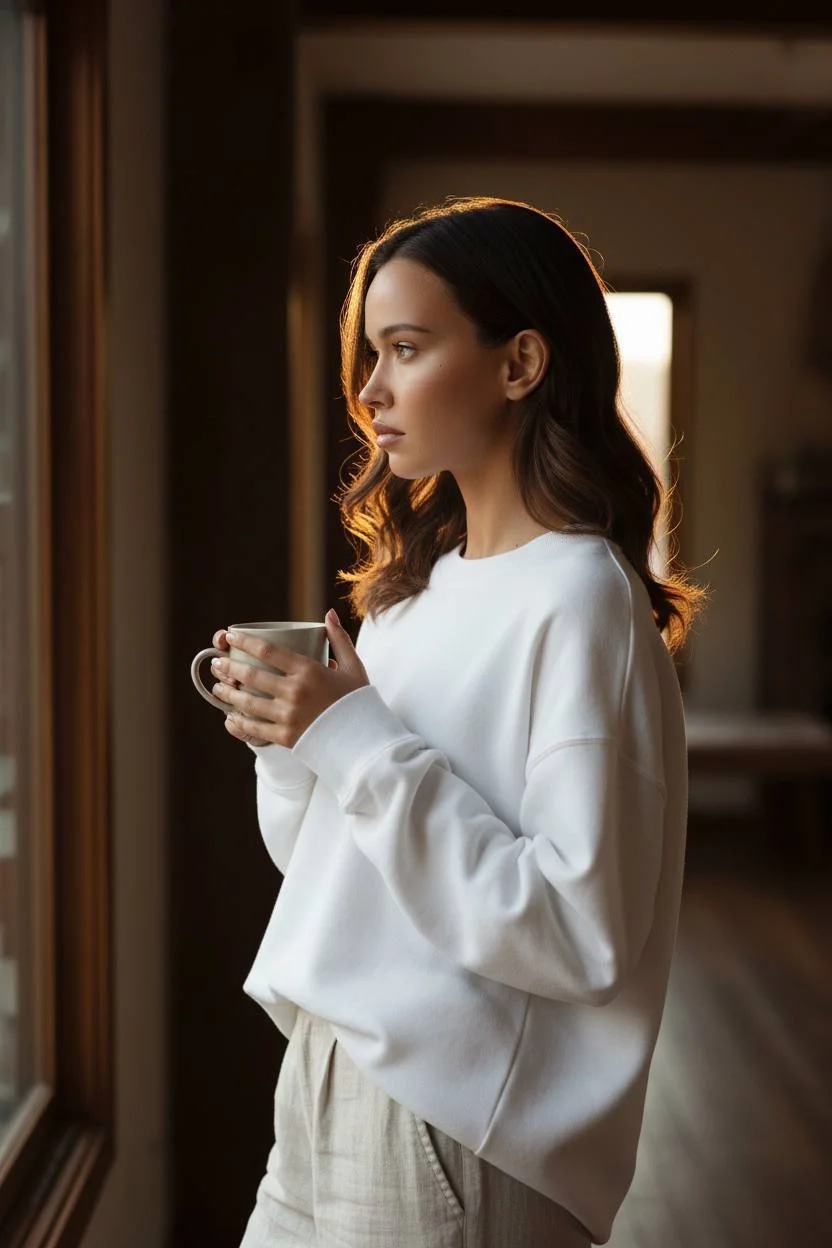 side angle, window light, soft tones, natural warmth, minimal lifestyl