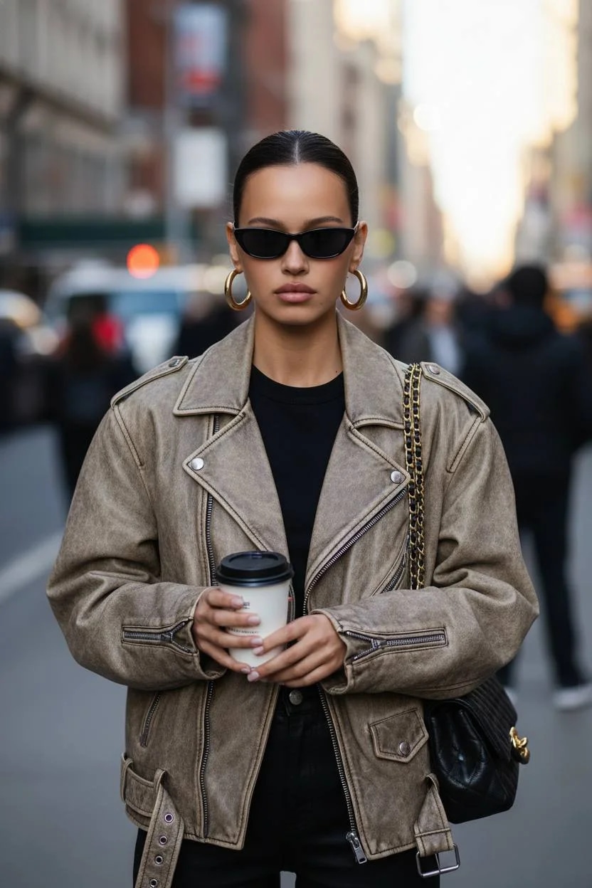 street style portrait, leather jacket, sunglasses, coffee cup, luxury 