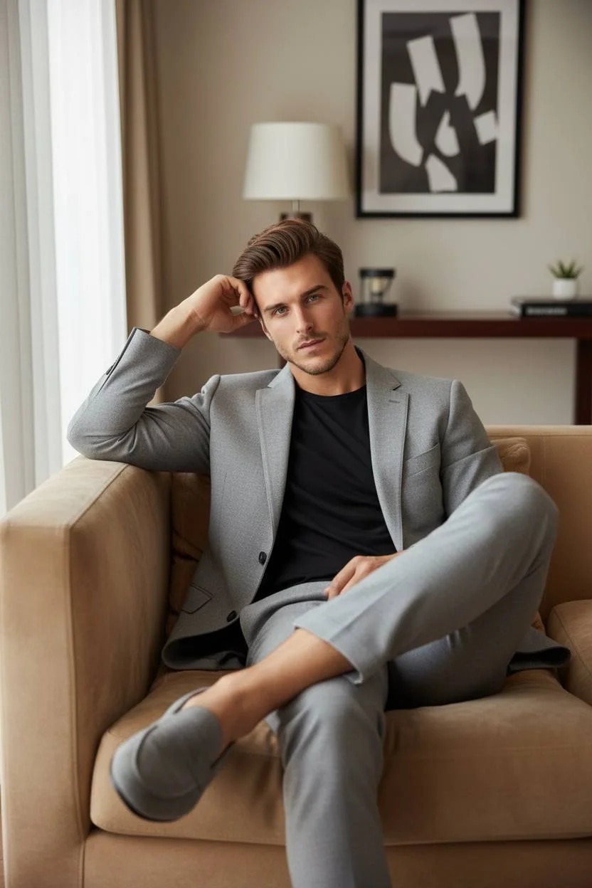 cinematic morning light, soft fabric textures, refined masculinity, ed