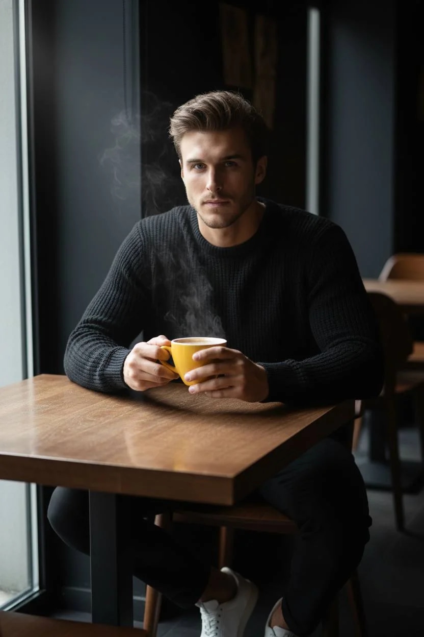 close-up coffee moment, soft side light, cinematic texture, male portr
