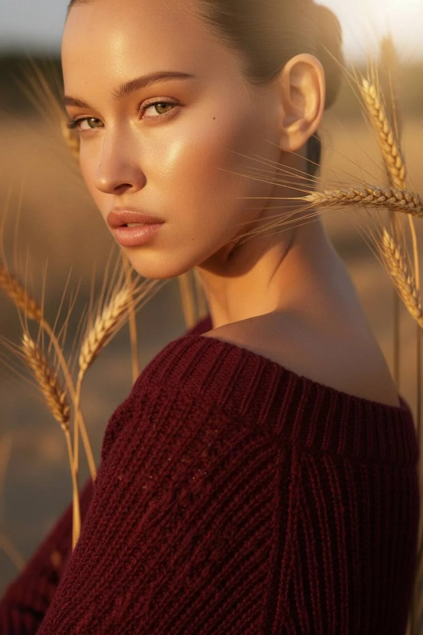 close-up warm tones, golden reflections, knit detail, cinematic depth,
