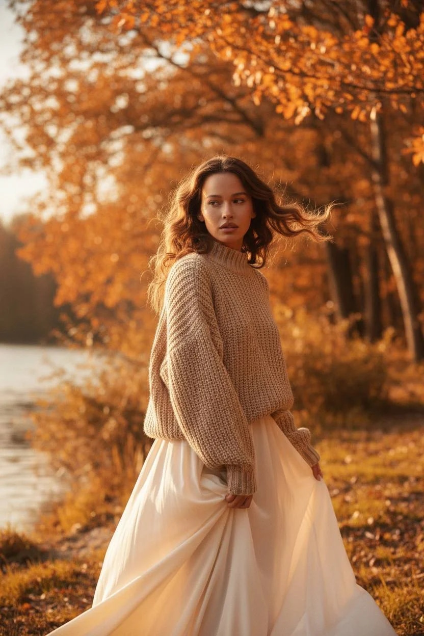 romantic autumn breeze, golden hour glow, cozy knitwear, cinematic mot