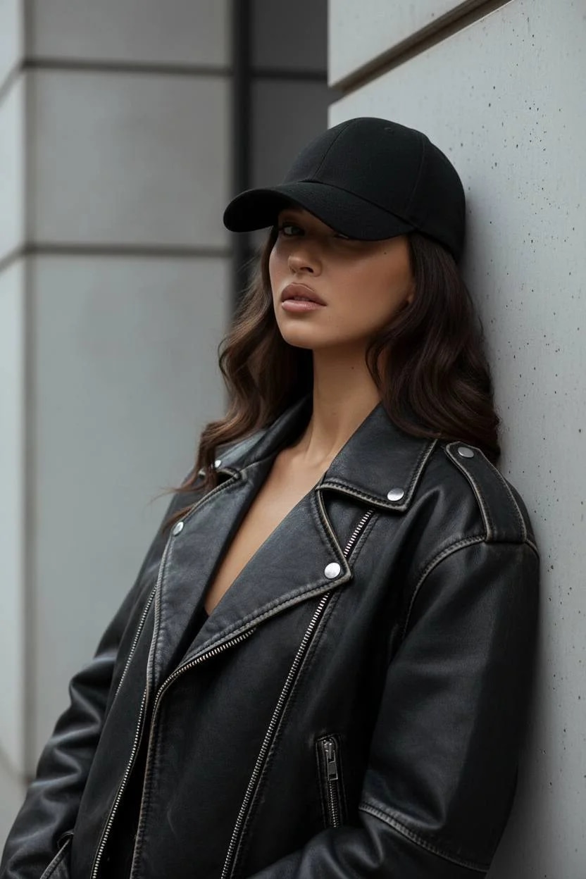 cinematic fashion shot, dark leather texture, black outfit, golden har