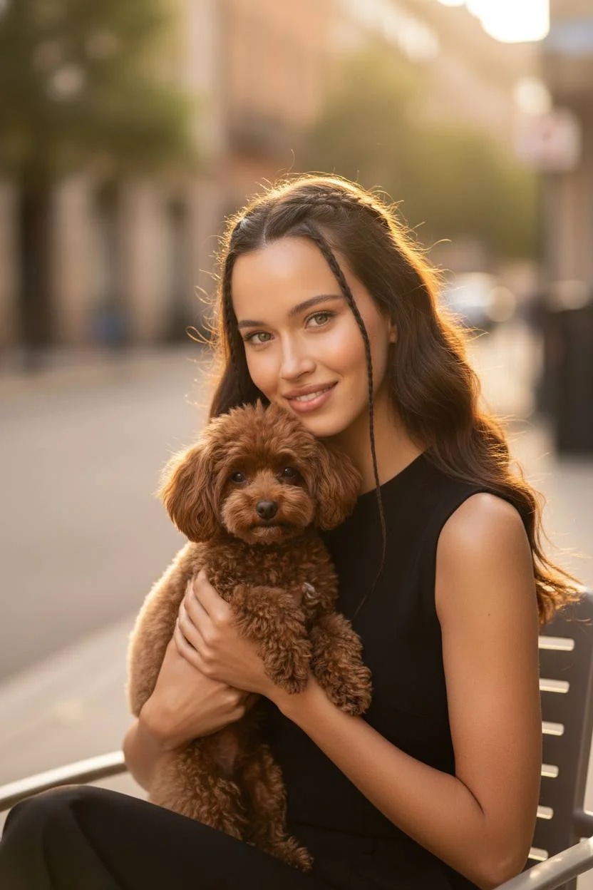 soft daylight portrait, woman with small brown poodle, braided front h