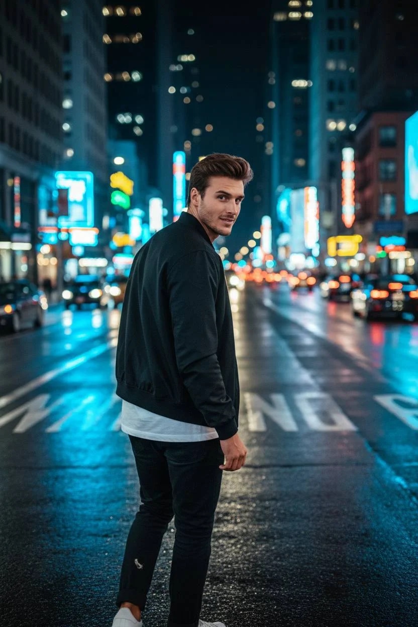 back view turn, cinematic night, street reflections, warm-cold contras