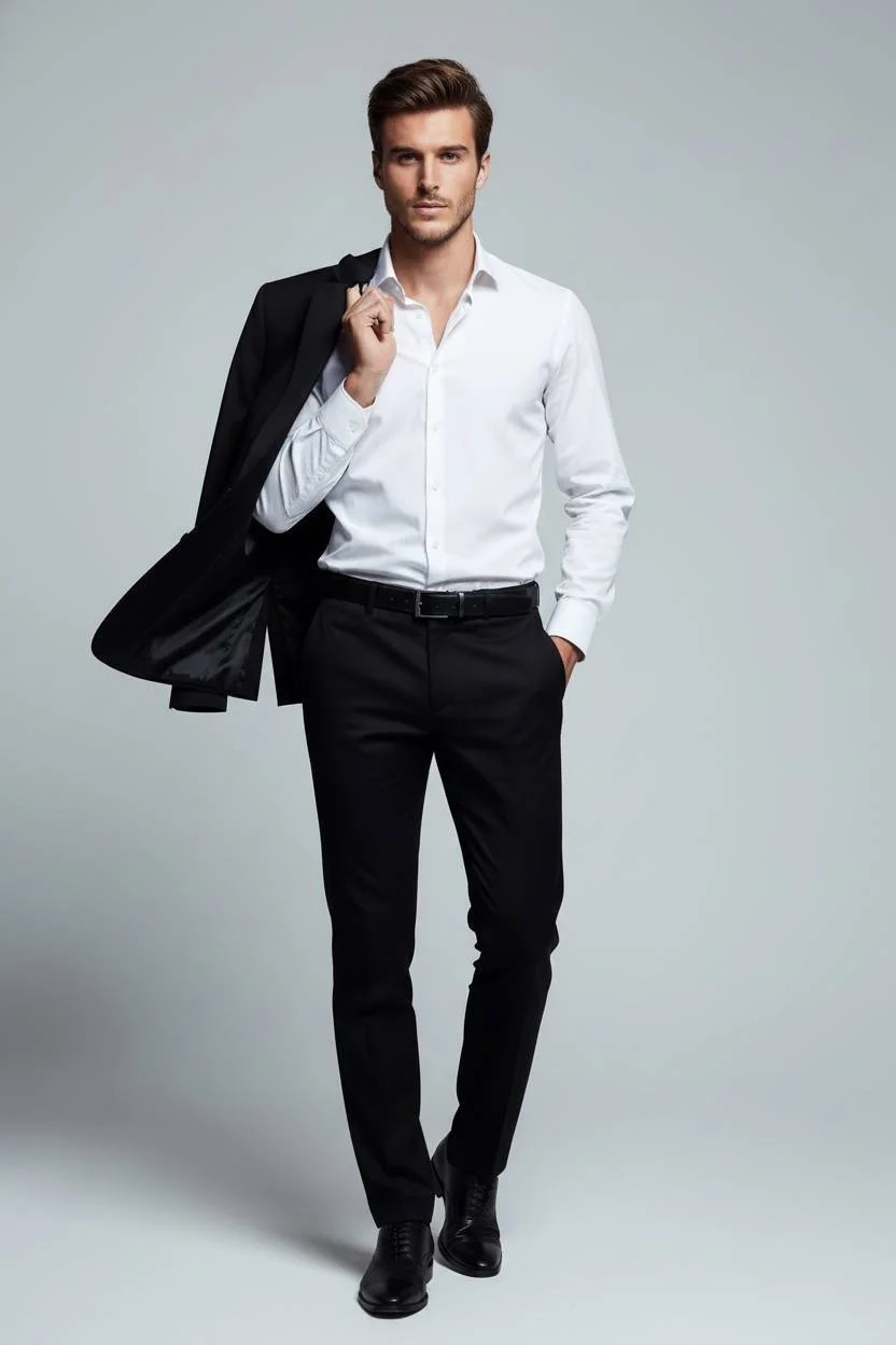 studio male portrait, movement effect, wind motion, stylish menswear, 