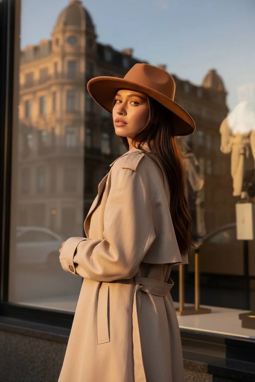 Cinematic editorial city morning, golden light reflections, realistic 