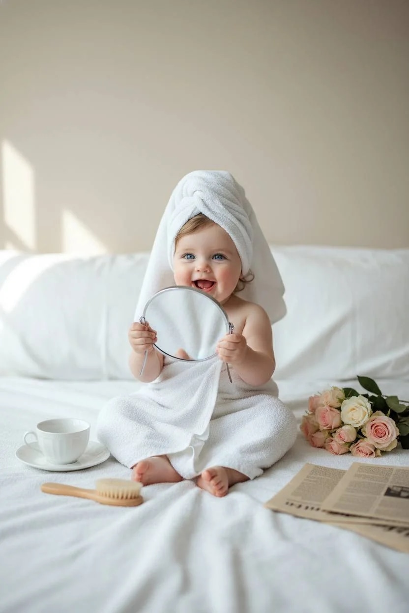 Cinematic baby morning photo, cozy white bedding, natural soft light, 