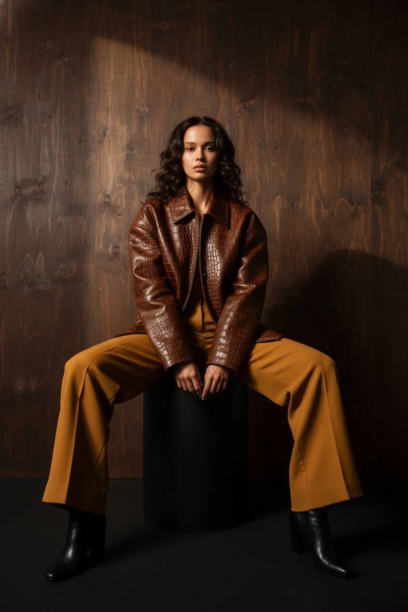 cinematic vertical portrait, confident seated pose, editorial lighting