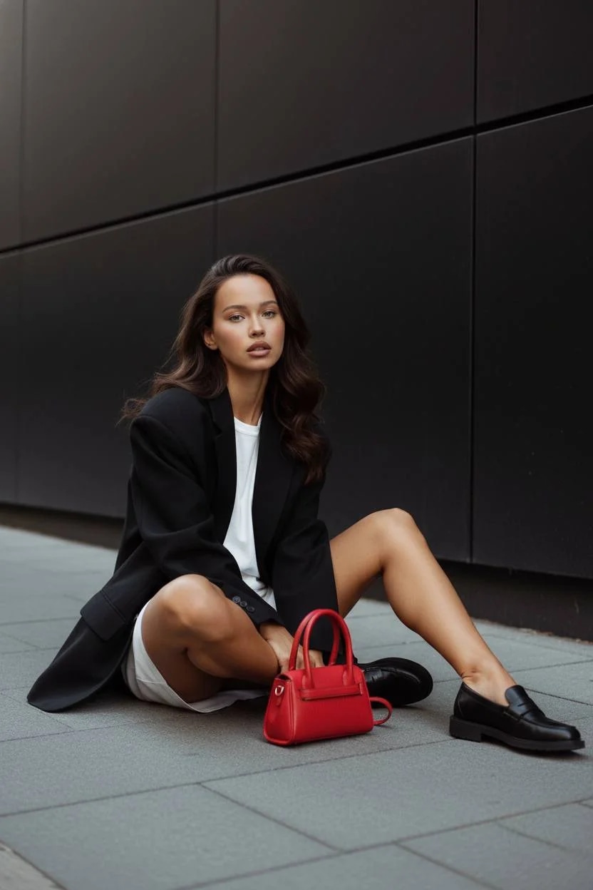 street portrait, editorial fashion, red bag accent, black wall backgro