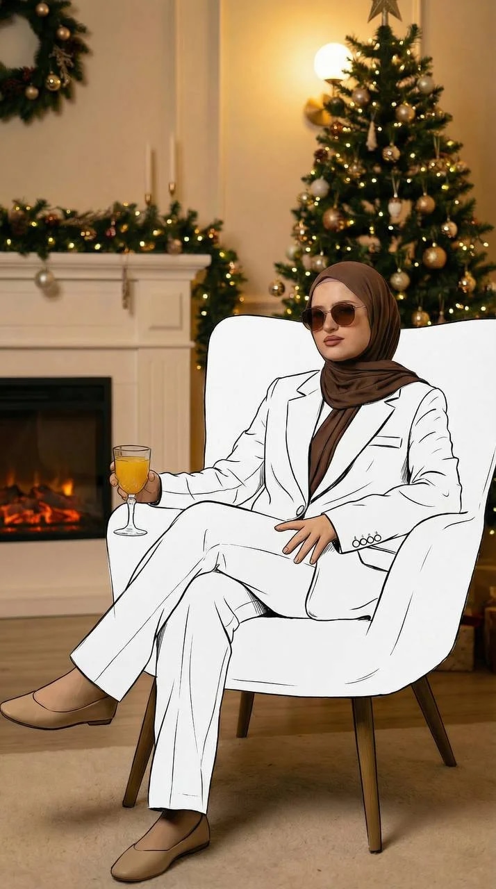 Change the subject's outfit to be rendered as a clean black-pen line d