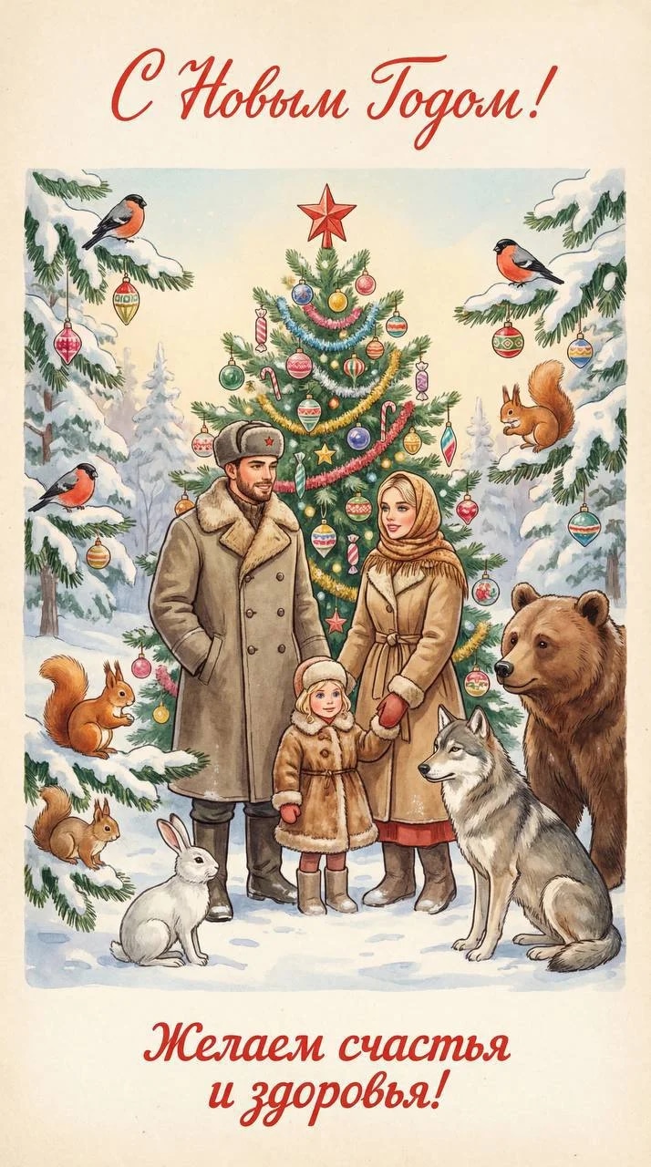 Photorealistic illustration in the style of a vintage Soviet New Year 