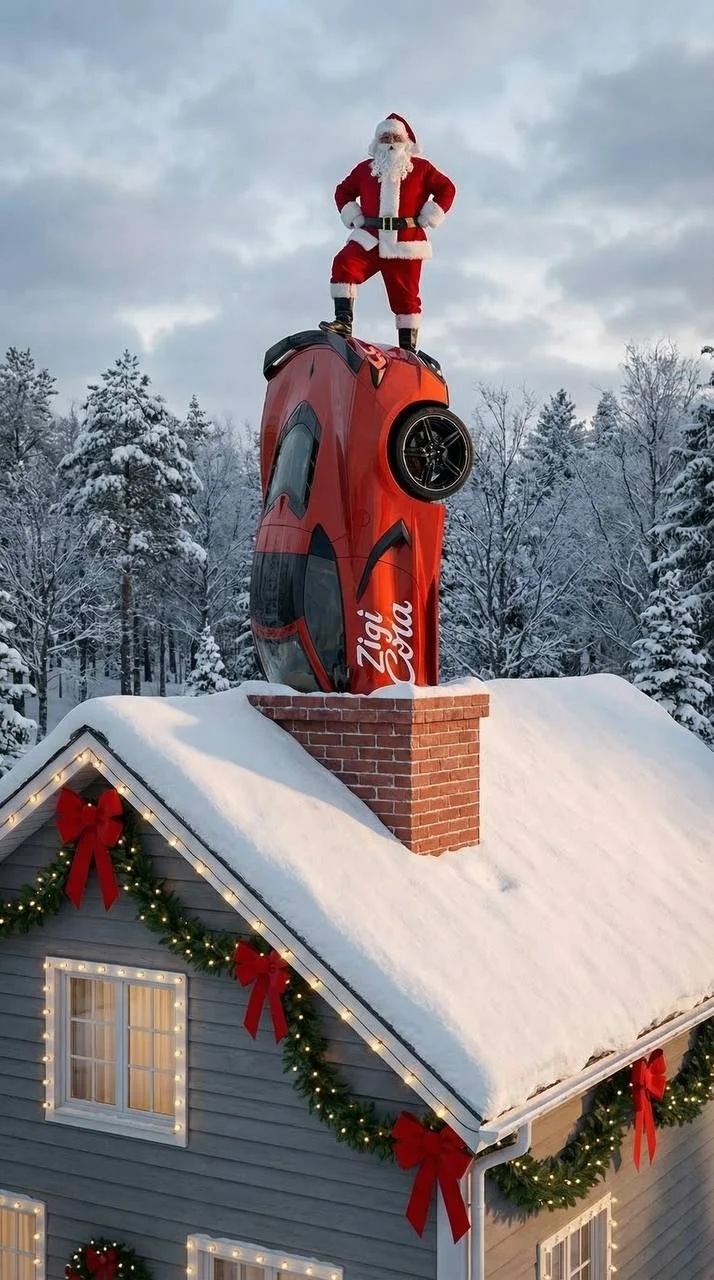 hyper-realistic, funny Christmas photo of the specific car from the up