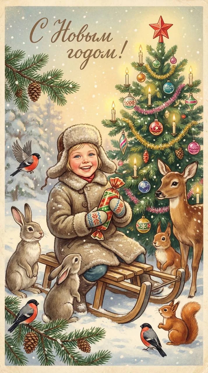 Vintage Soviet New Year postcard illustration, late 1950s–1960s style.