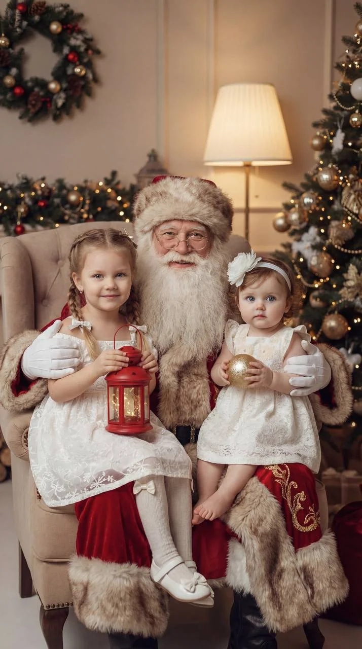 Russian Ded Moroz is sitting in the center of the frame, wearing a tra