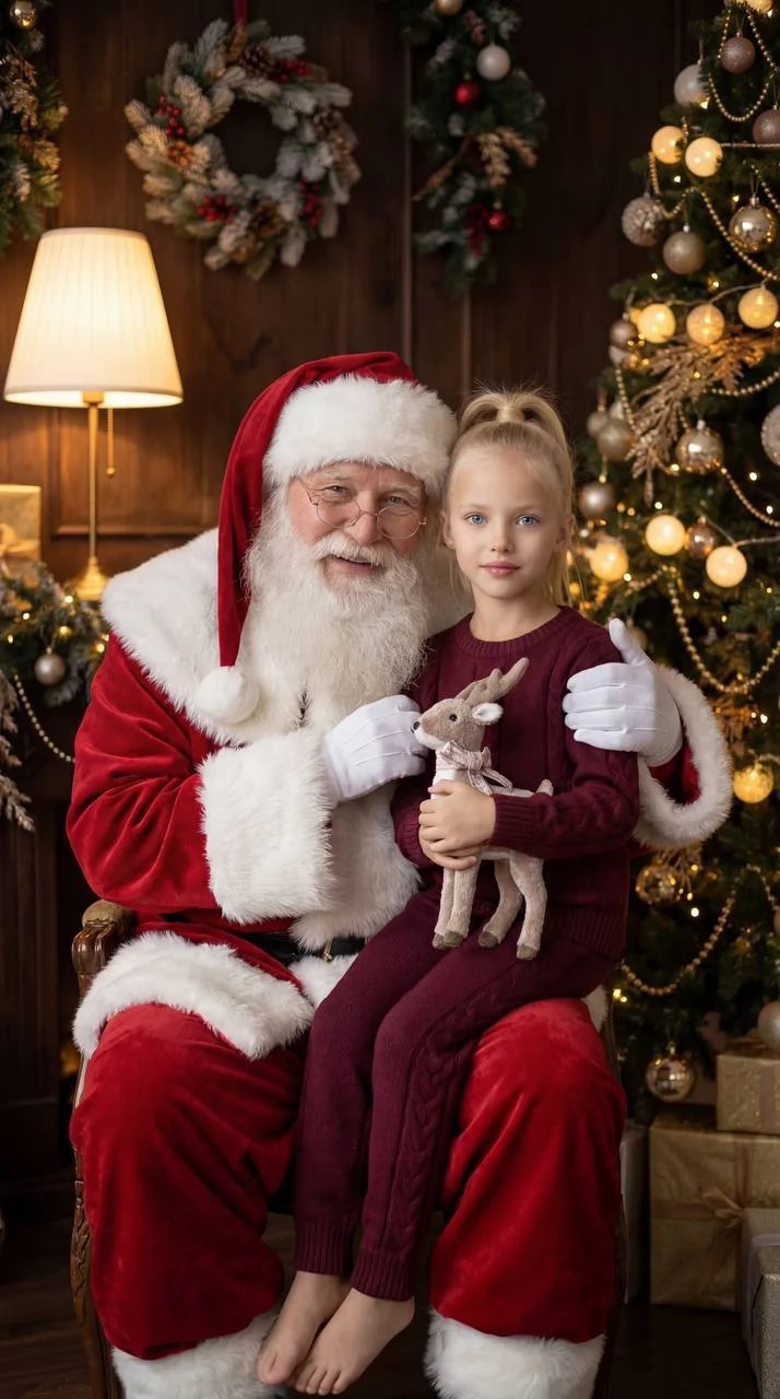 Russian Ded Moroz is sitting in the center of the frame, wearing a tra