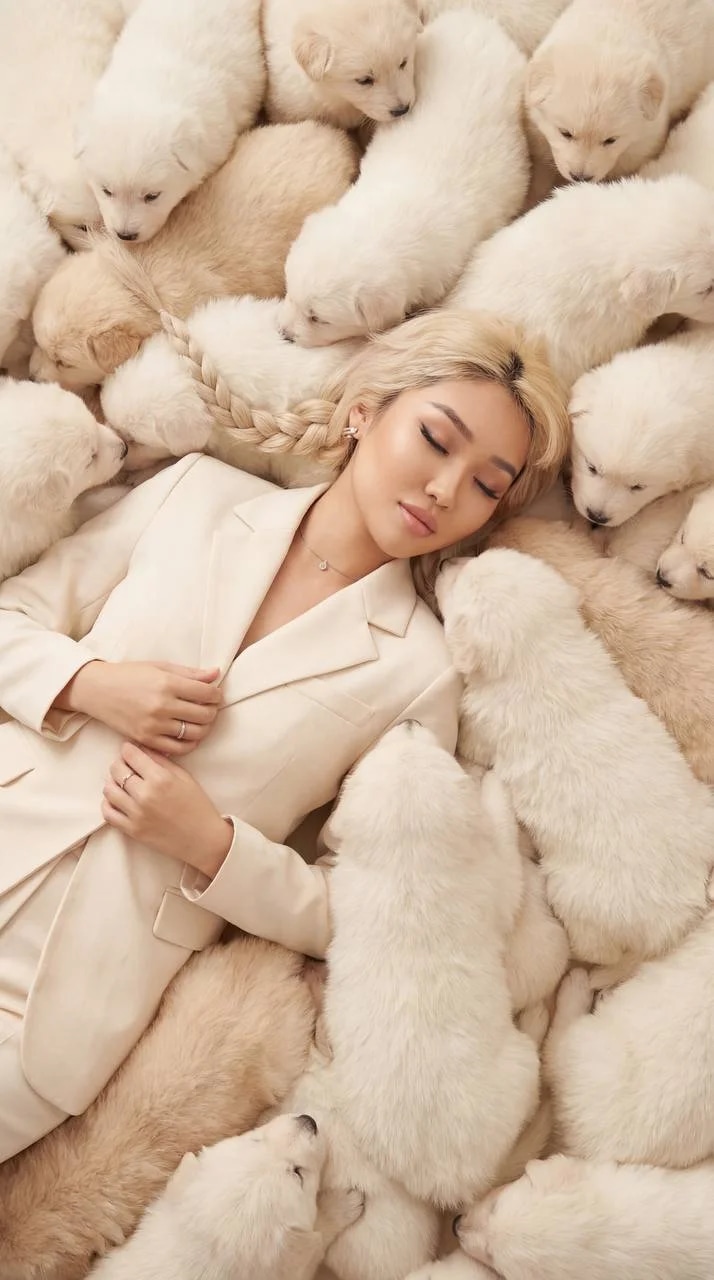 dreamy high-fashion editorial portrait. A person fully surrounded by d