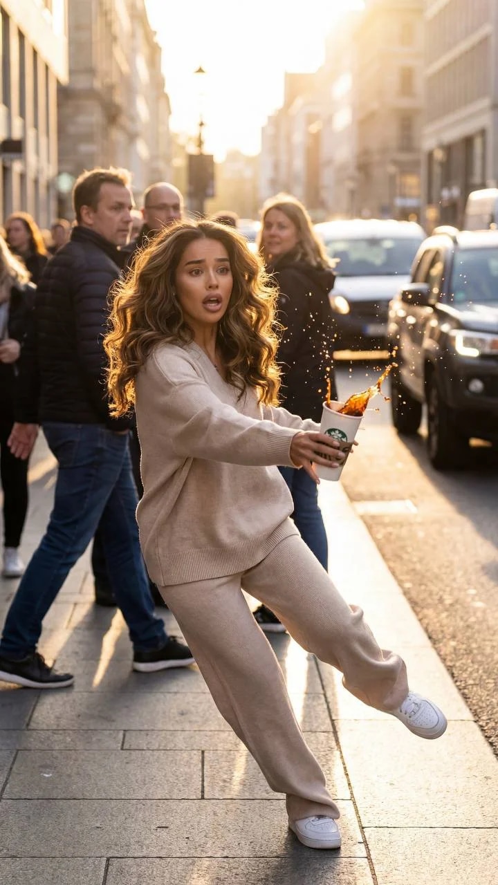 Photorealistic cinematic street frame using a model with a photo refer