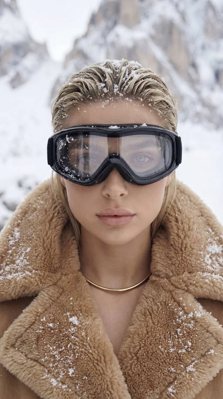 Ultra-high fashion winter beauty portrait, close-up. The woman looks s