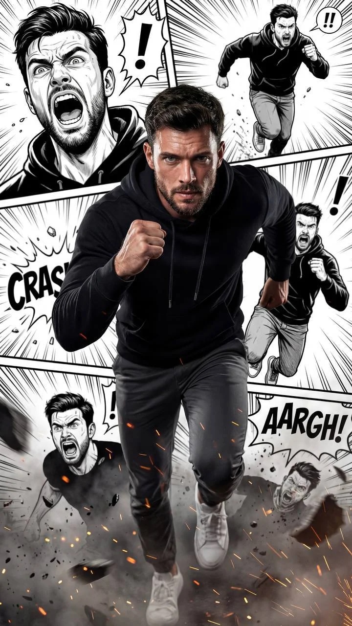 Cinematic, hyper-realistic action portrait of the model strictly from 