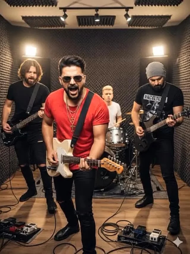 hyperrealistic ultra detailed band composed of four men is captured in