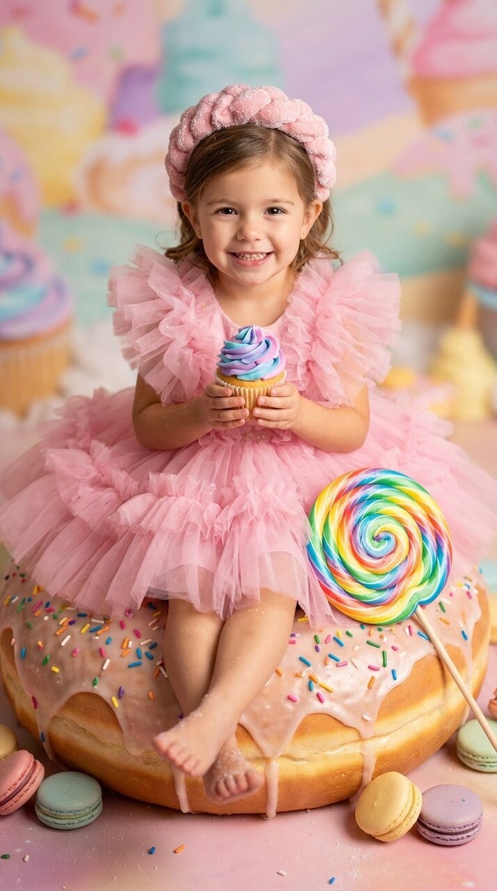 ✏ girl in fluffy pink dress, sitting atop a giant donut wit