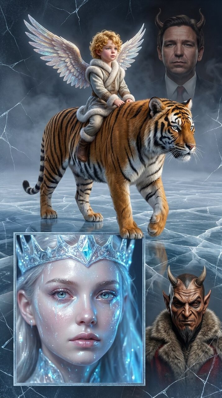 ✏ a little angel with golden hair and curls riding a tiger