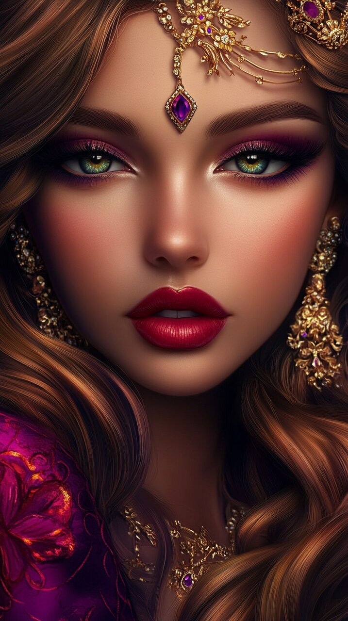 ✏ stylish woman with long hair in soft curls, dramatic red