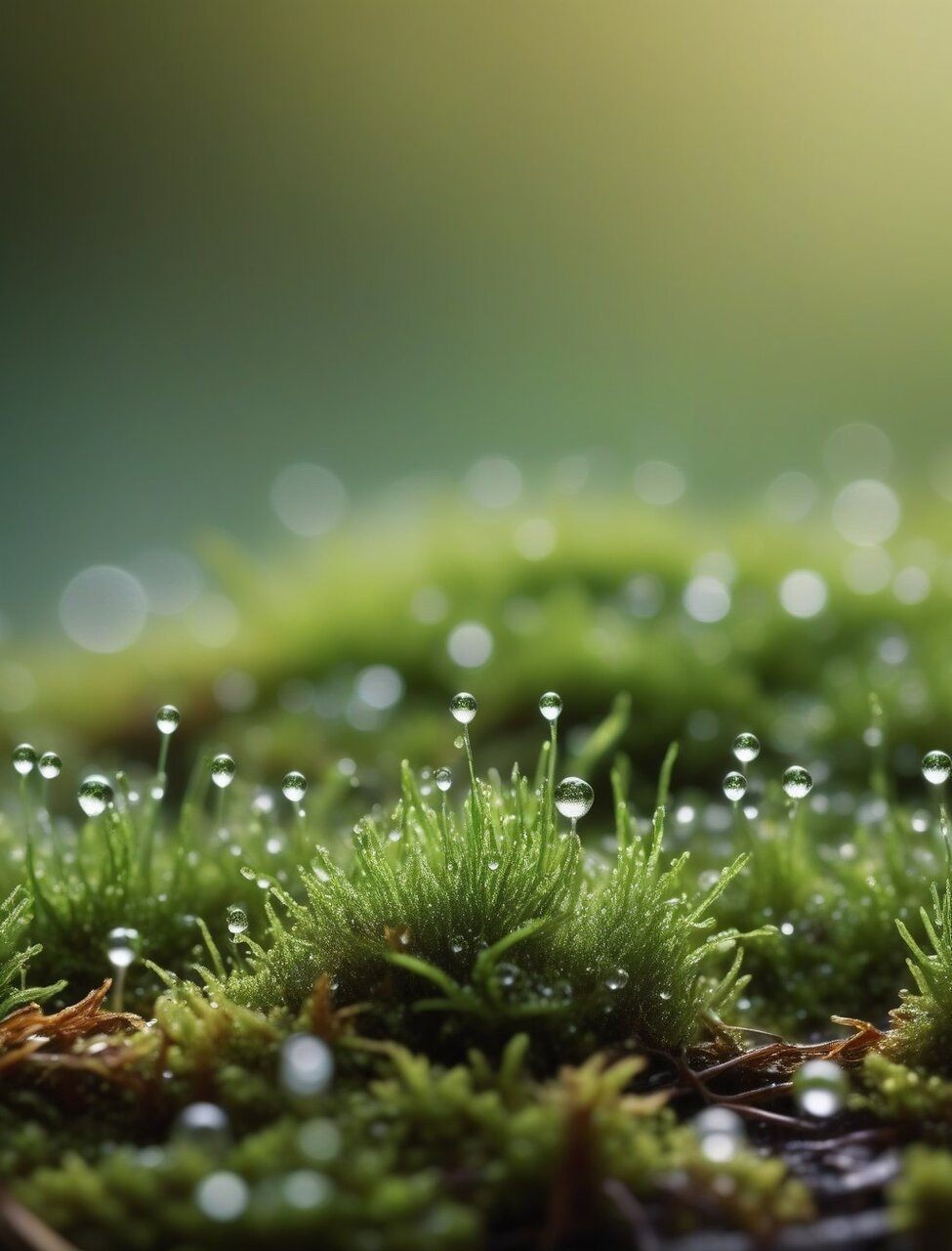 ✏ Emerald forest moss covered in tiny dew droplets, side-li
