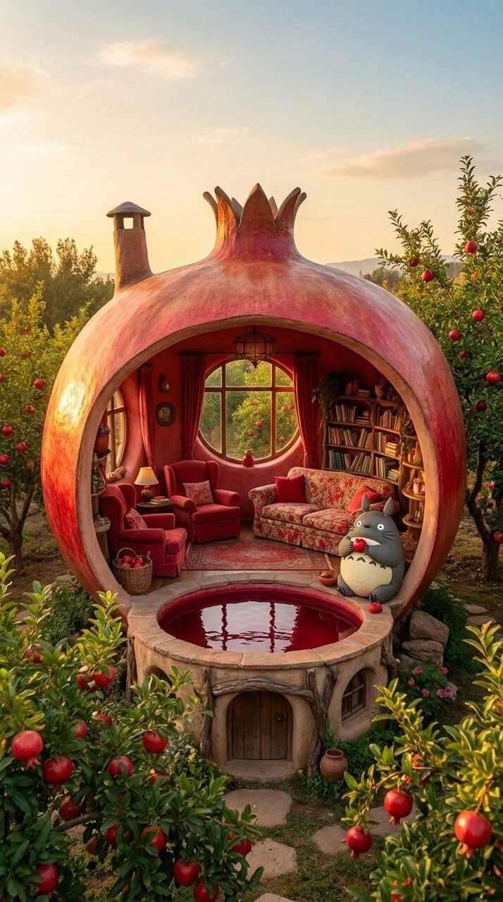 ✏ A cozy house shaped like a pomegranate. Its interior is f