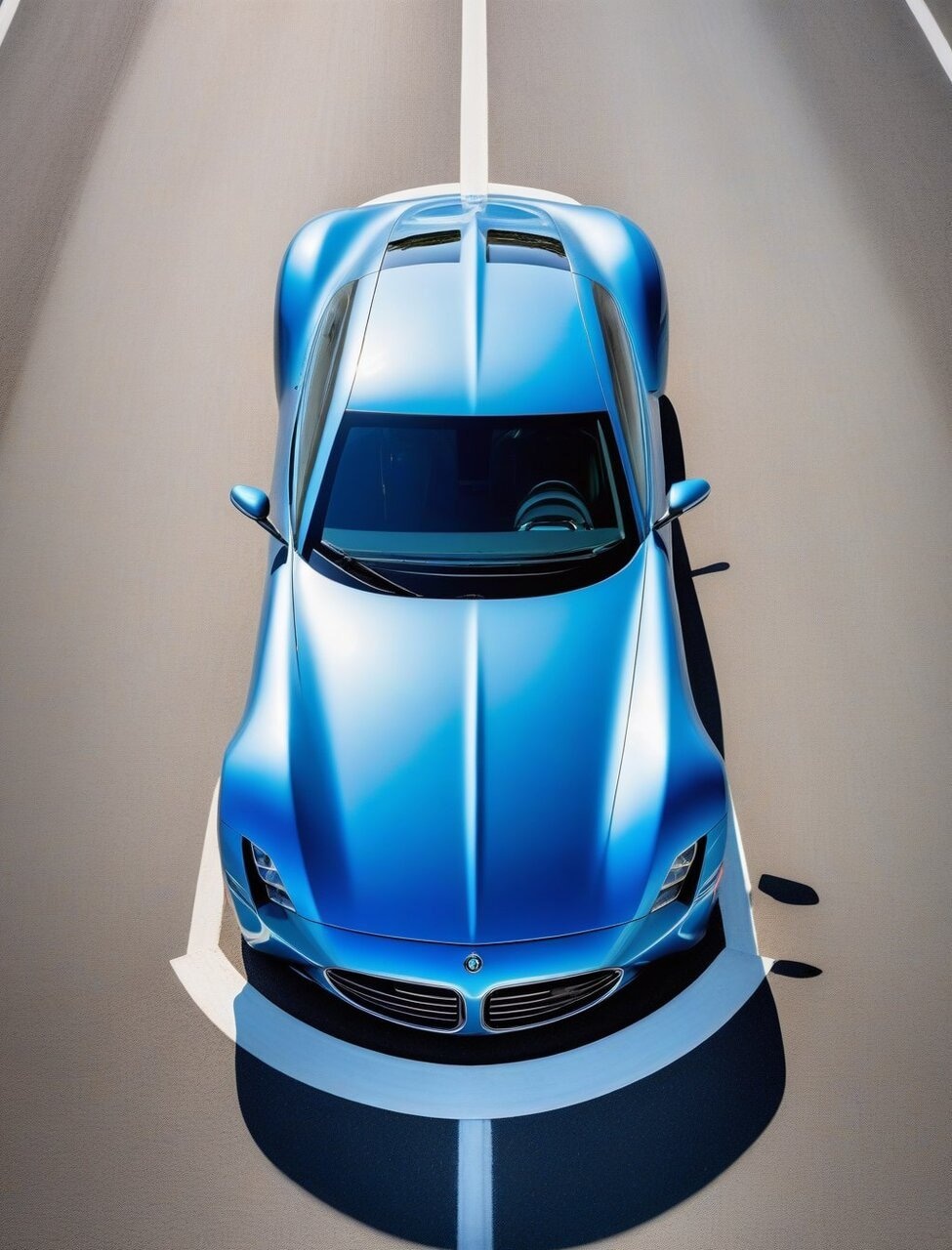 ✏ streamlined blue sports car, symmetrical shot, in reflect