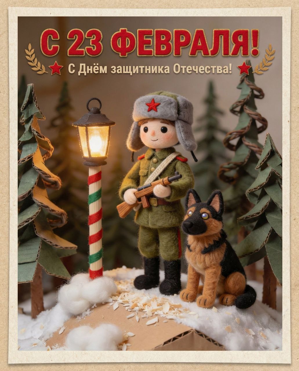 Валяная миниатюра пограничника с овчаркой