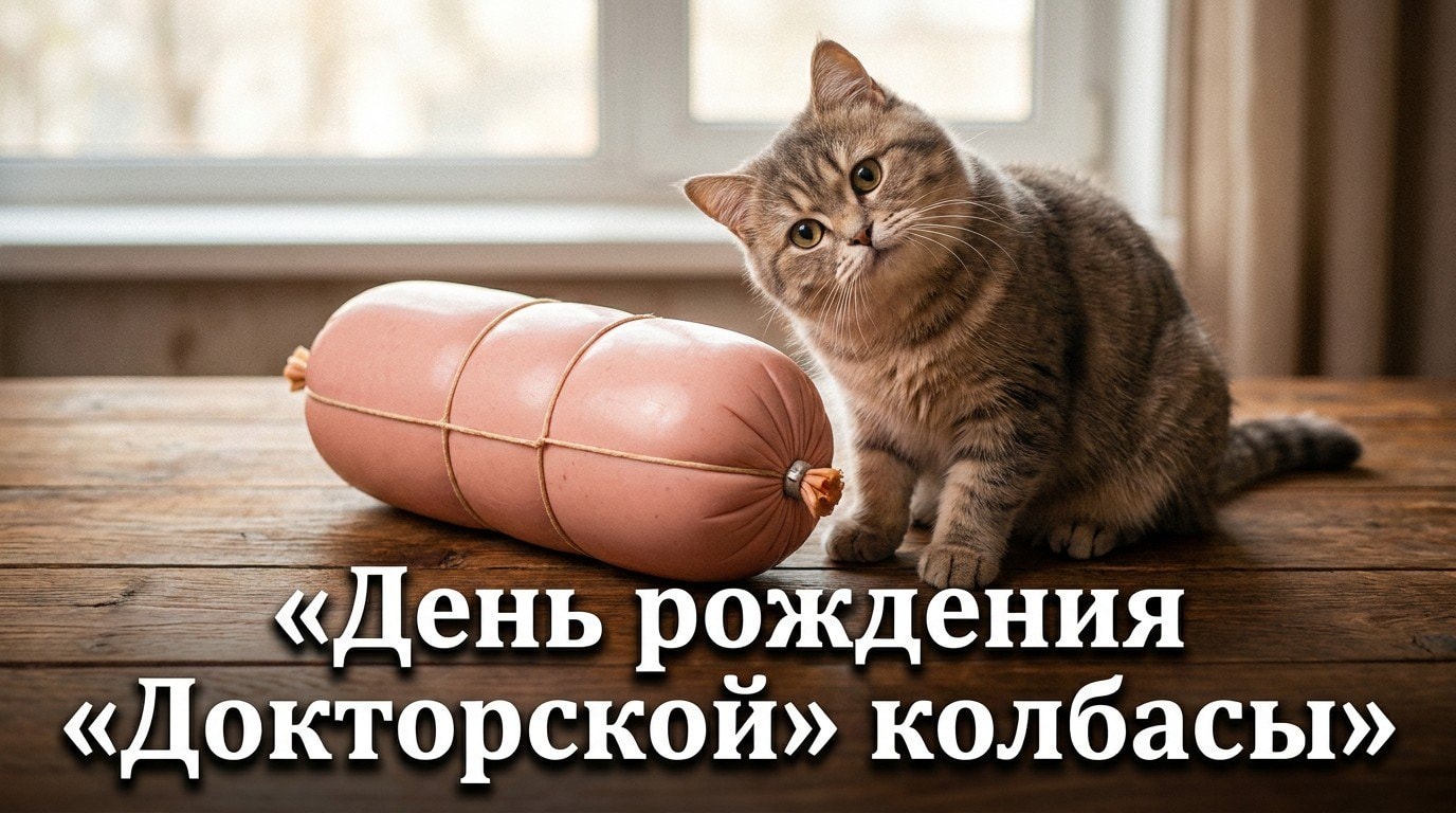 Кот у докторской колбасы с праздничной подписью