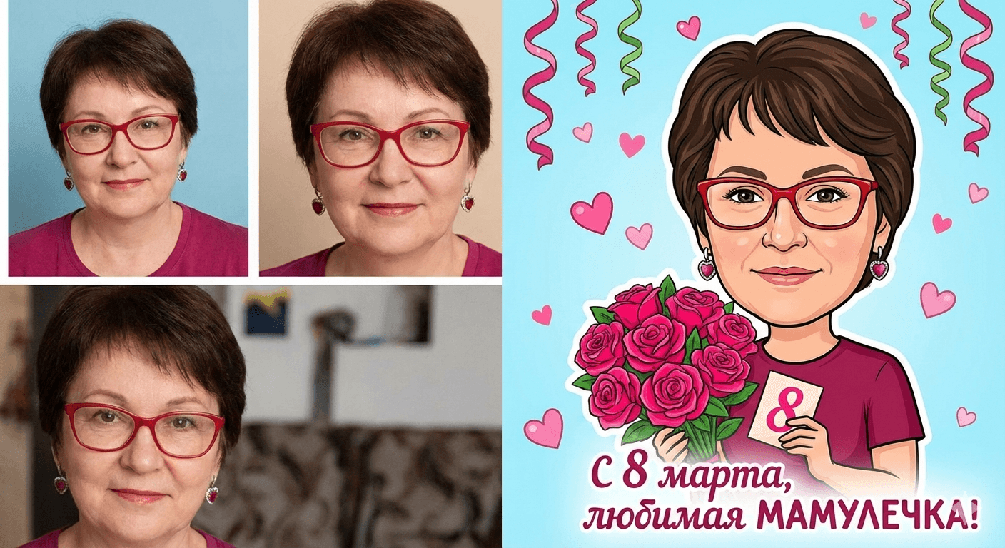 Карикатурная открытка маме к 8 Марта с розами