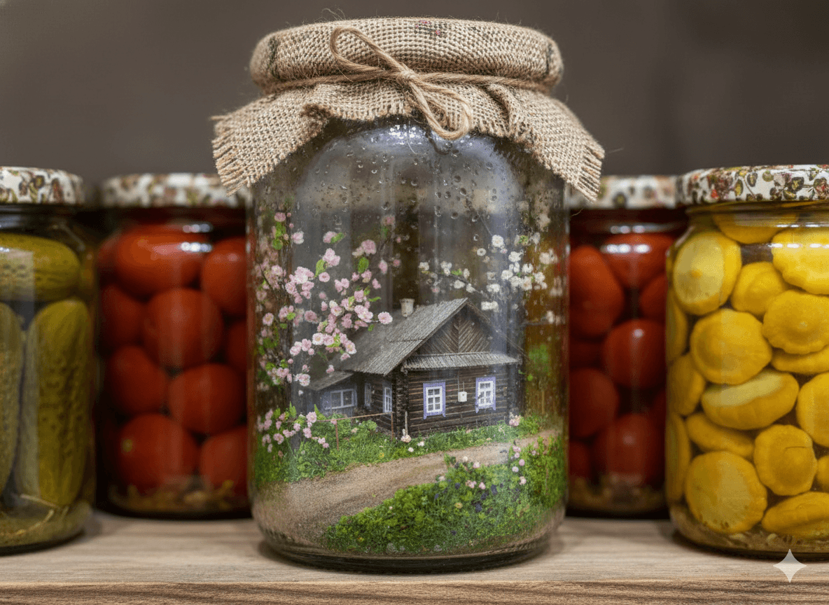 Деревенский дом из фотографии в банке с миниатюрным садом