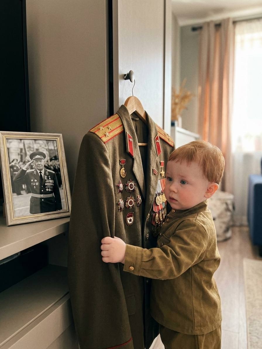 Малыш обнимает памятную форму прадеда