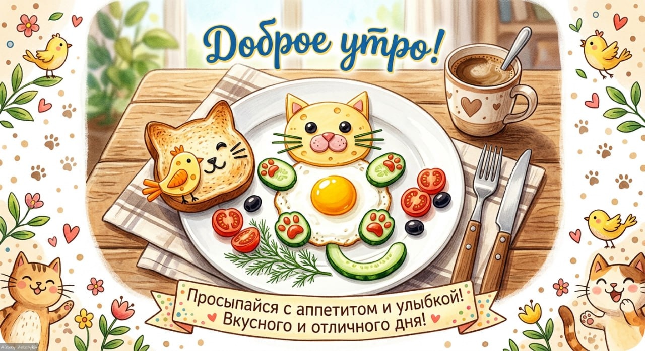 Открытка «Доброе утро» с завтраком в виде котиков