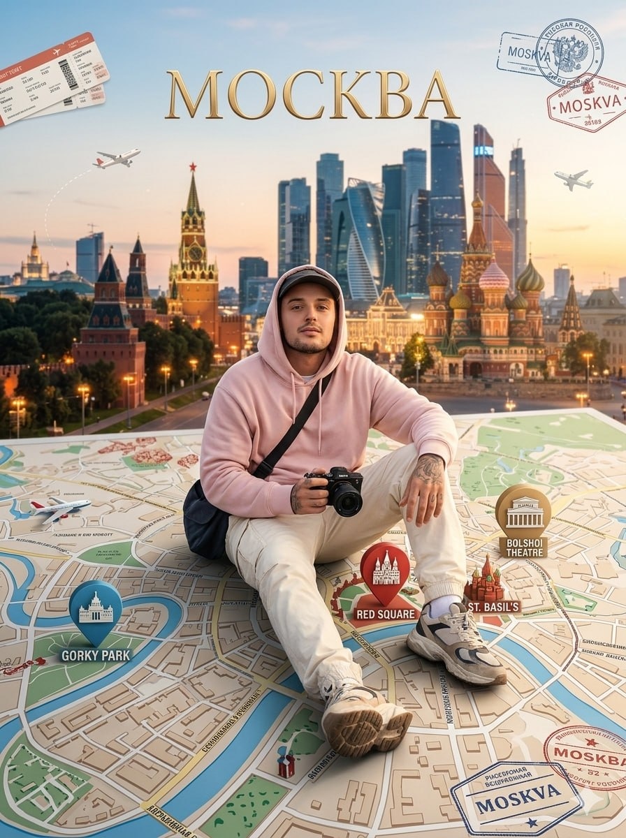 Путешественник на гигантской карте города